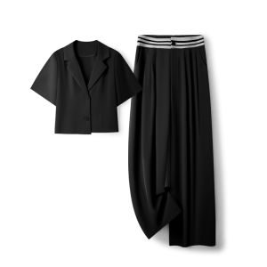 Womens Summer Thin High Waist Wide Leg Pants Cardigan Short Sleeve Suit Outerwear Two-Piece Set Fashionable Casual Wear