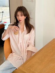 Pink Shirt Womens Lazy Gentle Versatile Sun Protection Blouse Garish Design Sense Drifting Belt Two-Way Wear Cotton Long Sleeve