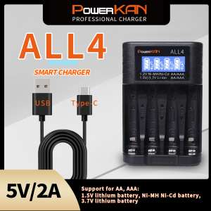 POWERKAN ALL4 AA/AAA 4-slot Small Convenient Battery Charger for 1.2V Hi-MH& 1.5V/3.7VLi-ion With LCD Screen