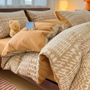 Cute Cartoon Flannel Duvet Cover Set Thickened Warmth Bedding Four-Piece Set Wave Pattern Cotton Duvet Cover And Sheet Set