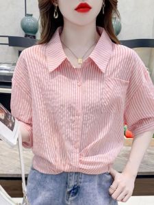 Summer 2025 Womens Short Sleeve Shirt Striped Lace Short Style Slimming Design Sensation Fashionable Casual Wear Blouse Top