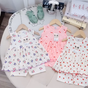 [M2] Bộ quần áo sát nách bé Gái dáng babydoll thun tăm lạnh họa tiết in kín bộ đồ dáng bèo bé gái 6-16KG