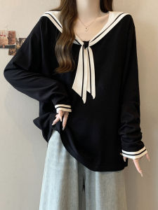 พรางหุ่น แขนยาวถักสีกรมท่า ปกเสื้อ ผู้หญิง เสื้อฐาน ฤดูใบไม้ร่วง ฤดูหนาว พลัสไซส์ ปกปิดหน้าท้องต่อต้านริ้วรอย สไตล์เกาหลี หลวม Fit