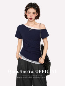 QIAOJIAOYA | Áo Thun Ôm Body Tay Ngắn Cổ Trụ Voan Đen
