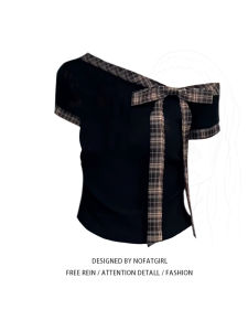 plus Size Womens Sweet And Spicy Butterfly Knot Short Sleeve T-Shirt Summer Vintage Plaid Patchwork Short Length Top