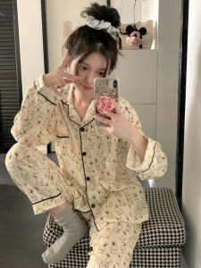ชุดนอนผ้าฝ้ายลายการ์ตูนน่ารักสำหรับผู้หญิง แขนยาว ฤดูใบไม้ผลิและฤดูใบไม้ร่วง ชุดอยู่บ้านสไตล์ใหม่ ชุดนอนสัตว์กระต่ายหวาน