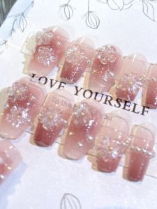 Elegant Pearl Dust Glitter 3D Flower Gradient Pink Nail Art Wearable False Nails Gentle Color Series Chinese Style Nail Stickers