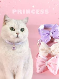 Pet Pearl Bow Tie Necklace Double Layer Pearl Heart Pendant Princess Dog Birthday Collar No Choke Cat Dog Fashion Accessories