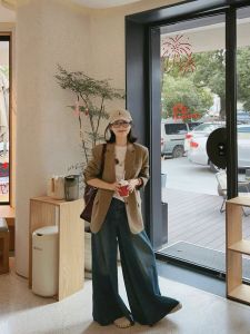 ย้อนยุค ขอบรุ่ย สูง เอว ขากว้าง เดนิม กระโปรง ผู้หญิง ฤดูใบไม้ผลิ ฤดูร้อน ใหม่ หลวม พรางหุ่น กางเกงขากระดิ่งกางเกงยีนส์ขายาว กระโปรง