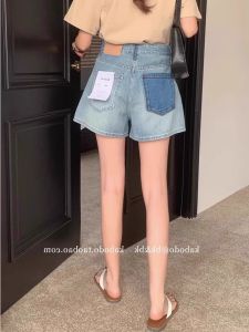 กางเกงขาสั้นผ้ายีนส์ทรงเอเอวสูงสไตล์ย้อนยุคสไตล์อเมริกันสำหรับผู้หญิงในช่วงฤดูร้อน กางเกงขาสั้นทรงเอขากว้างบางๆ สีฟ้าน่ารัก