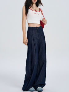 Retro Ice Silk Denim Jeans Womens Summer Thin American Straight Leg Loose Wide Leg Pants High Waist Long Pants Four Seasons