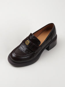 Real Leather Thick Heel Moccasin Shoes Womens Spring New Style round Toe mid Heel Fashion Single Shoes Comfortable Casual Loafers