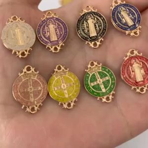 10PcsSaint Benedict Medal Double Sided Catholic Medals Favor Gifts Religious Charm Connector Bead Set of Multicolor Lace Pendant