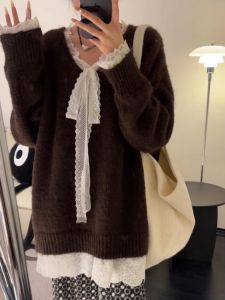 French Style Lace Trim Knitted Sweater V-Neck Loose Long Womens Casual Style Early Autumn Top Korean Version Regular Fit