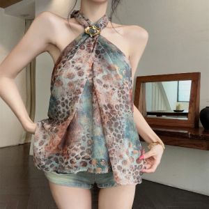 GUZILIAN | Bộ Đồ Ngắn Ôm In Leopard Chuyển Màu Dây Kéo