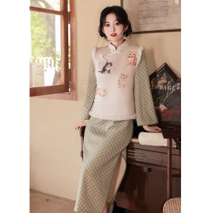 New Chinese Style Girl Cat Print Vest Autumn Winter Thick Long Sleeve Flag Dress Two Piece Set Fleece Lined Retro Style Long Qipao