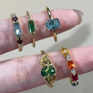 Huitan Octagon Cubic Zirconia Ring Minialist Women Gold Color Jewelry for Party Daily Trendy Simple Stackable Finger Accessories