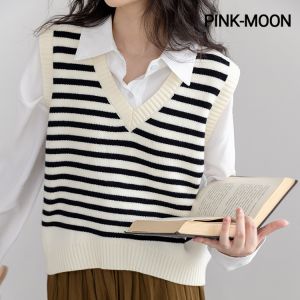 PM✿ Stripe V-neck Vest Knitted Blouse Women Spring Autumn Loose Top
