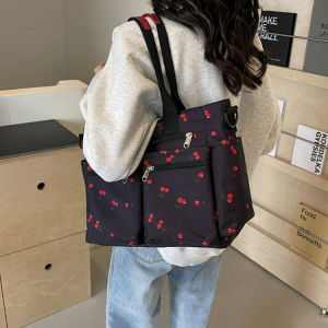 Cherry Printed Diaper Shoulder Bag Multi-pocket Canvas Women Handbag Outdoor Sling Crossbody Bag