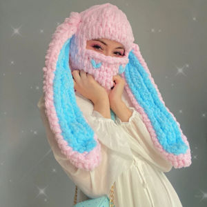 Y2K Long Bunny Ears Hat Winter Hand Made Knitted Funny Beanie Cap Thicken Warm Full Face Ski Mask Cover Balaclava For Party
