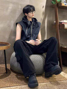 Niche Style Deconstruct American High Street Functional Vest Mens Summer Vibe Stylish Hooded Sleeveless Vest Overalls