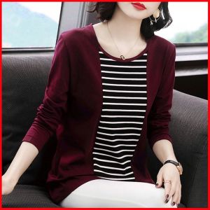 Oversize Womens Blouse Long Sleeve Wanita Baju Splicing Round O Neck Tops Shirt Loose Long Blouses Summer Striped Top Clothing Big Plus Size #2115
