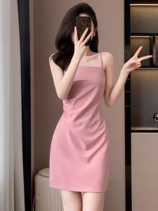 ชุดเดรสสั้นแขนกุดเอวสูงสีชมพู ทรงเข้ารูป ทรงเข้ารูป แขนกุด ผ้าถักยืด ฤดูใบไม้ผลิและฤดูใบไม้ร่วง ชุดทำงานสไตล์เกาหลี