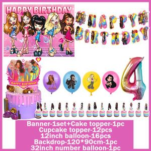 Bratzs Doll Birthday Party Decorations Set Happy Birthday Banner Balloons Cake Topper Girls Birthday Party Supplies Photo Props