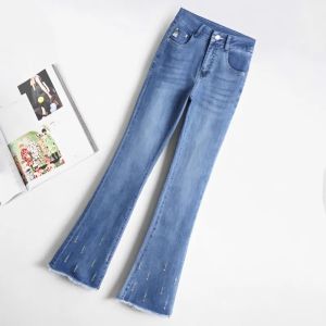 Womens High Waist Slimming Bell Bottom Jeans Elastic Fashionable Frayed Micro Flared Pants Autumn New Style Casual Denim
