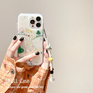 เคสโทรศัพท์ซิลิโคนป้องกันการตกหล่นแบบเต็มจอลายกระต่ายสไตล์การ์ตูนสไตล์เกาหลีและญี่ปุ่นพร้อมสายโซ่สำหรับ Apple 16promax iPhone 17 รุ่นใหม่ 15 สำหรับสาวๆ 14pro