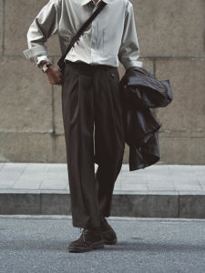 Elastic Waist Vintage Pleated Casual Pants Drapey Commute Iron-Free Straight Leg West Pants Youth Fashion Urban Style Polyester Spandex