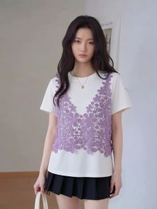 AIYITI | Lace Flower Hollow Vest & White T-Shirt Set Large Size