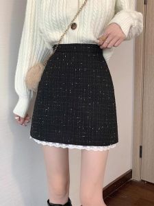 WANGGONGZHU | High Waist Lace Splicing Woolen Mini Skirt Womens Autumn Winter New Style Small Size Bodycon Short Skirt Princess Style