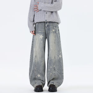 กางเกงยีนส์ทรงหลวมขาบานสำหรับผู้ชาย ทรงหลวม ทรงตรง ลายดาว สไตล์สตรีท กางเกงขายาวทรงหลวมสบาย ๆ สำหรับผู้ชาย