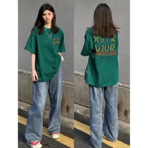 เสื้อยืดแขนสั้นผู้หญิงสไตล์อเมริกันย้อนยุคสีเขียวมะกอก ทรงหลวมสบายๆ สำหรับฤดูร้อน เสื้อผ้าทำงานสไตล์เกาหลี แขนยาว ปกติ