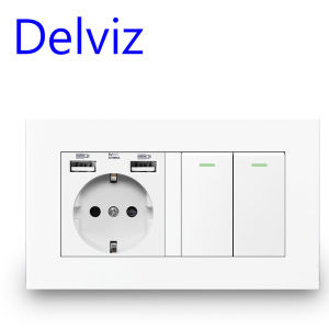 Delviz EU Standard Switch Outlet 16A Light Switch2 Gang 1 Way/2 Way White Double frame PanelWall Embedded USB Power Socket