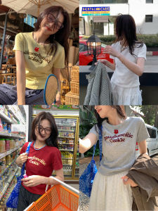 Sisilyon Flocking Letter Short Sleeve T-Shirt Womens Short Style Versatile Slimming Top Commute Simple Creative Cotton Polyester