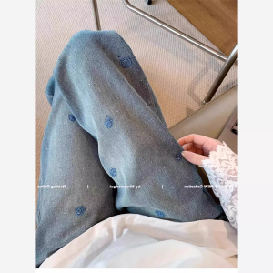 Womens Embroidered Rhinestone Denim Pants High Waist Wide Leg Spring Autumn New Style Large Size Pear Shape Small Figure