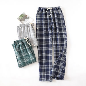 Japanese Style Plaid Sleep Pants Mens Spring Autumn Pure Cotton Gauze Long Pants Washed Crepe Summer Thin Loose Home Pants