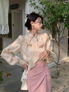 Chun Qing Independent French Style Long Sleeve Floral Print Chiffon Shirt Womens Spring Design Butterfly Knot Top
