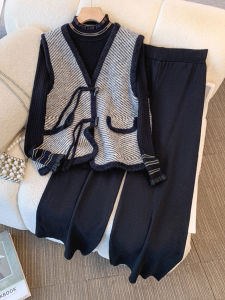 Chic Knitted Vest Sweater Set with Button Design Casual Pants Three Piece Set for Middle-Aged Mothers Autumn Winter Fashion