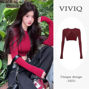Hot Girl Hollow out Red T-Shirt Womens Tight Base Shirt Short Style Top Viviq Commute Style Korean Version Solid Color