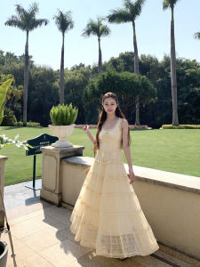 French Style Summer Lace Cake Dress Yellow