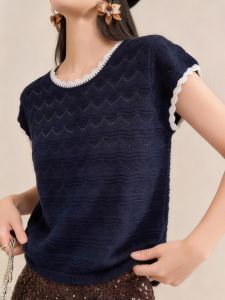 QINGNAER | Navy Blue Lace Hollow Color Matching Bodycon Flutter Sleeve Knitted Vest