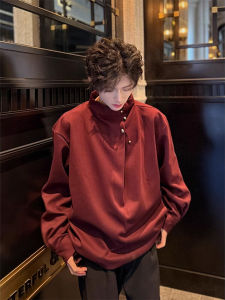 Red Stand Collar Mens Shirt Stylish British Style Model Trendy Long Sleeve Spring Fashion Casual Standard Fit Button Decorated