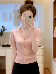 Shalldoer | Luxury Style V-neck Pink Short Sleeve Knitted Cardigan Female