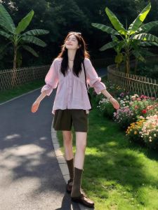 XUECAIQI | Stylish French-style Set V-neck Shirt Short Pants Women