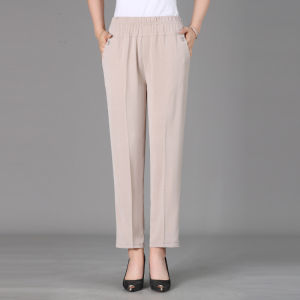 Moms Summer Thin Ice Silk Casual Pants Loose High Waist Straight Leg Elastic Waist Long Trousers for Middle-Aged And Elderly Women