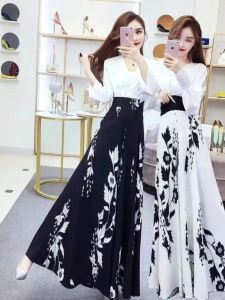Summer Floral Print Wide Leg Pants Womens Loose Fashionable Drapey Pants High Waist Korean Style Casual Trousers