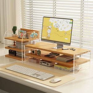 Wooden Monitor Acrylic Stand Double Layer Computer Riser Desktop Storage Keyboard Desk Rack